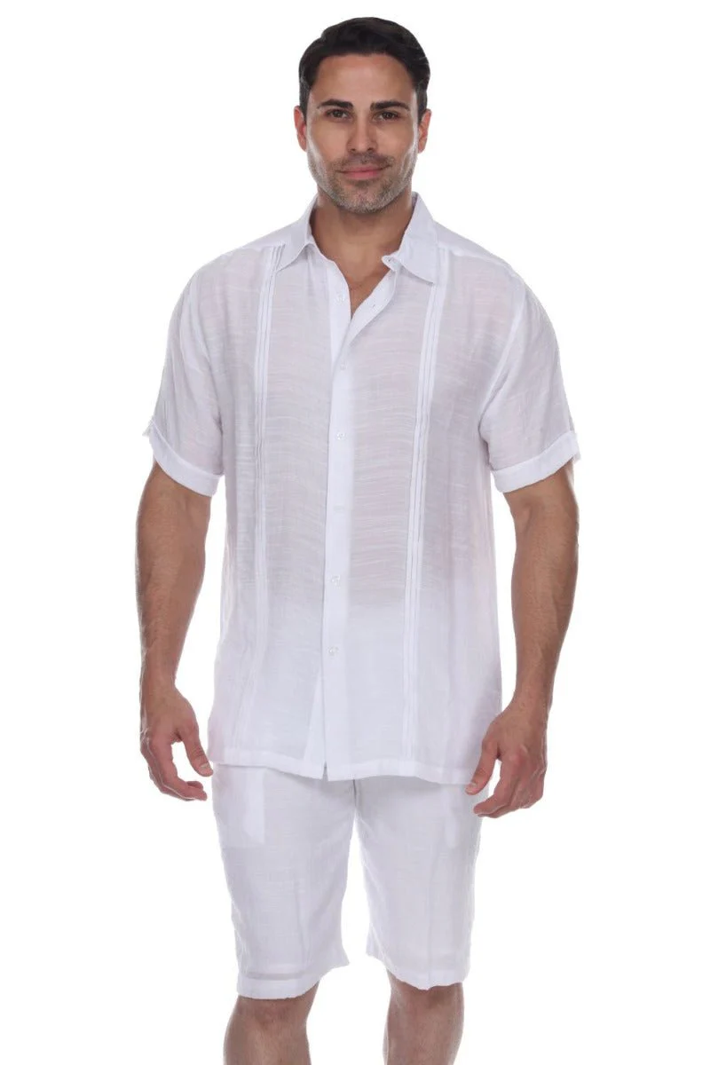 Men's Beachwear Button Down Short Sleeve Shirt with Pintuck Pleats - Image 14