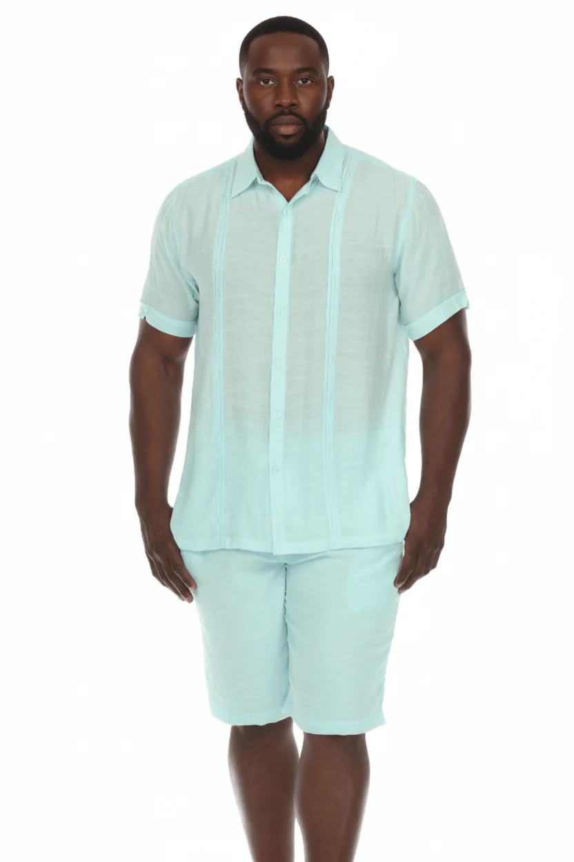 Men's Beachwear Button Down Short Sleeve Shirt with Pintuck Pleats - Image 2