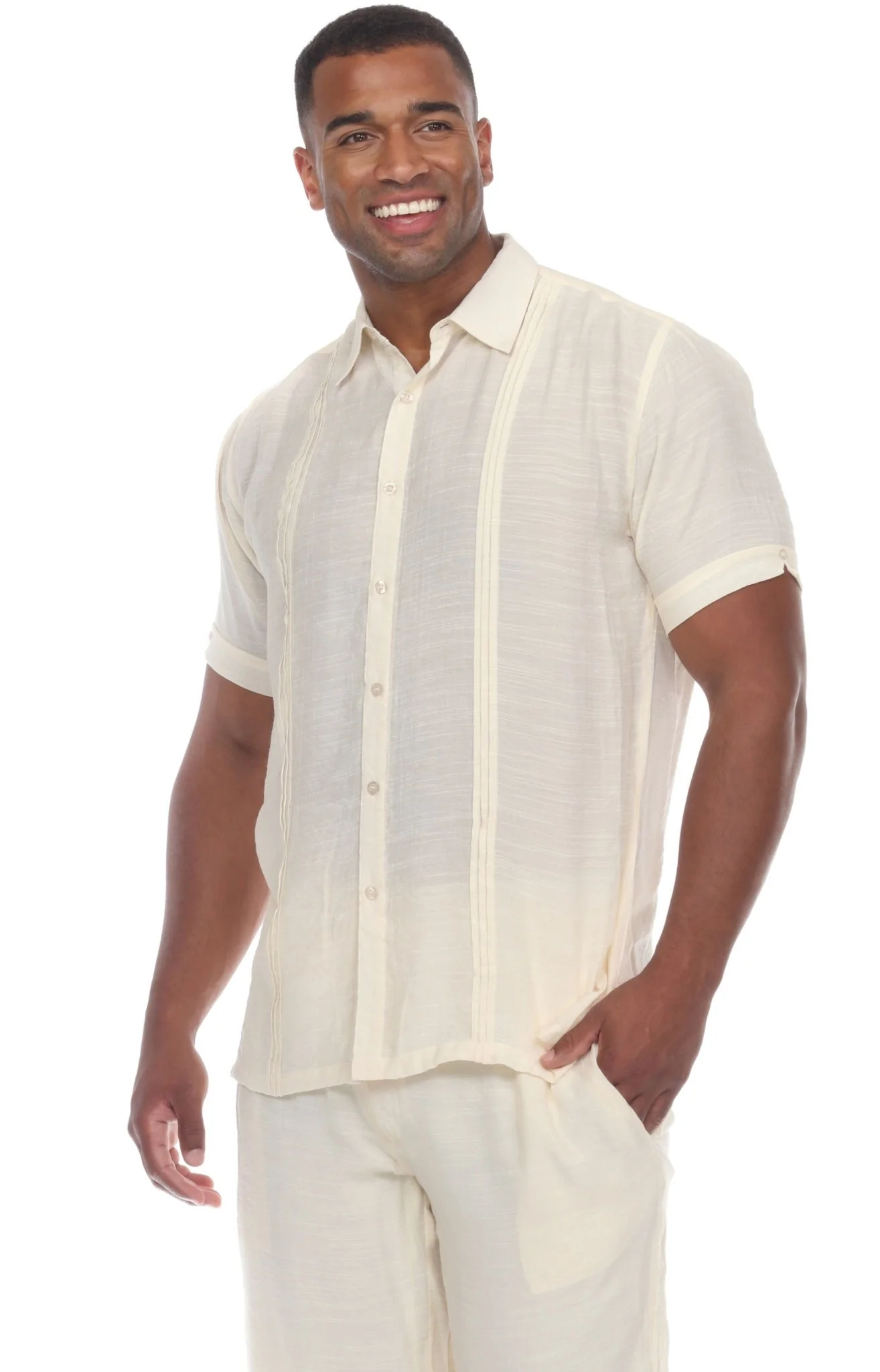 Men's Beachwear Button Down Short Sleeve Shirt with Pintuck Pleats - Image 3