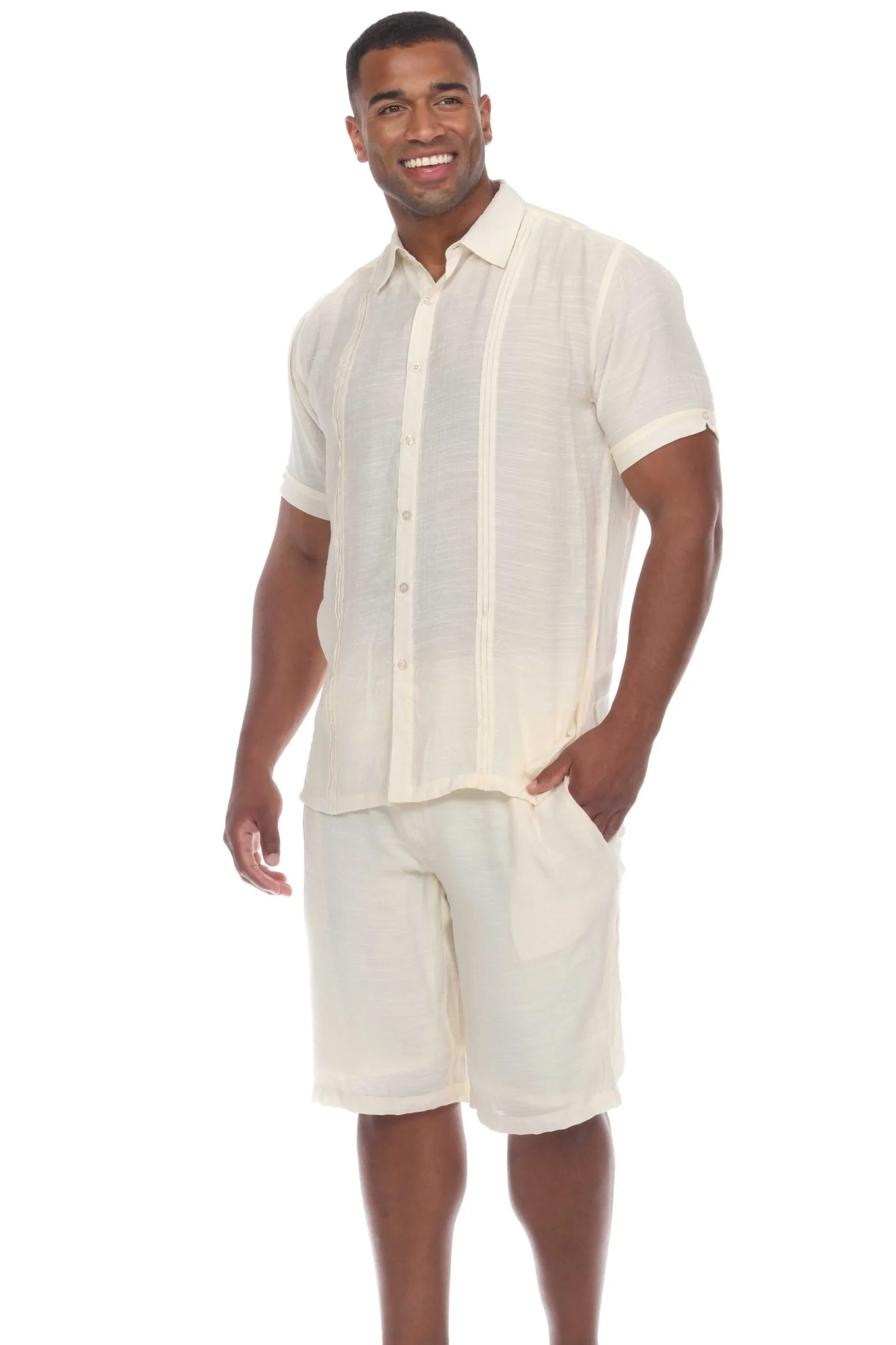 Men's Beachwear Button Down Short Sleeve Shirt with Pintuck Pleats - Image 4