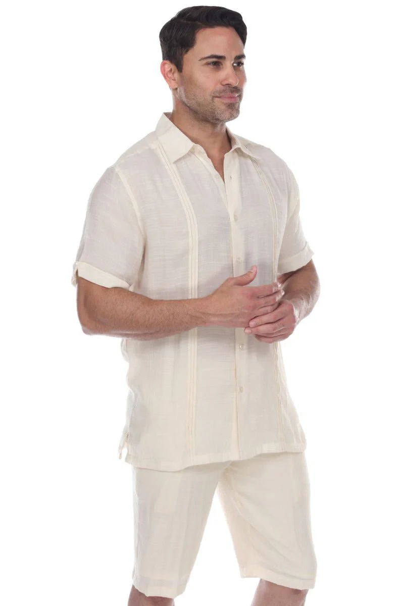 Men's Beachwear Button Down Short Sleeve Shirt with Pintuck Pleats - Image 5