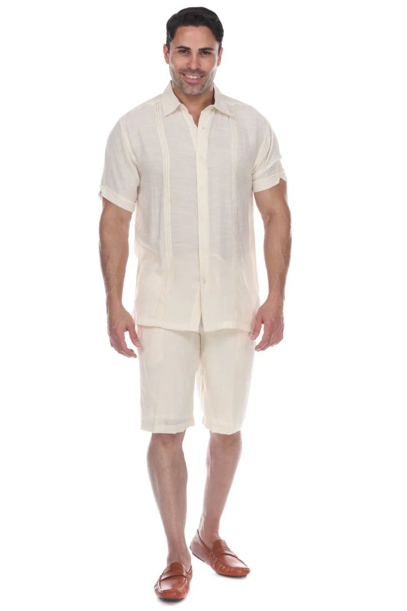 Men's Beachwear Button Down Short Sleeve Shirt with Pintuck Pleats - Image 6