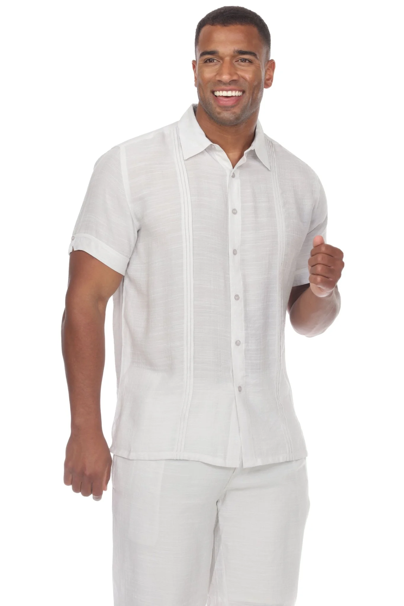 Men's Beachwear Button Down Short Sleeve Shirt with Pintuck Pleats - Image 8