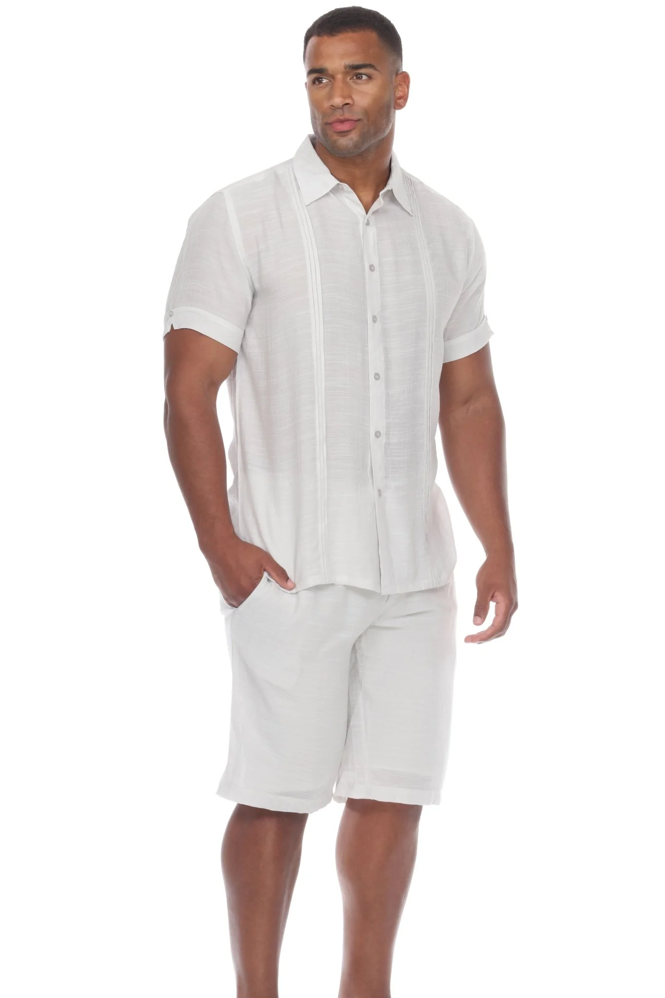 Men's Beachwear Button Down Short Sleeve Shirt with Pintuck Pleats - Image 9