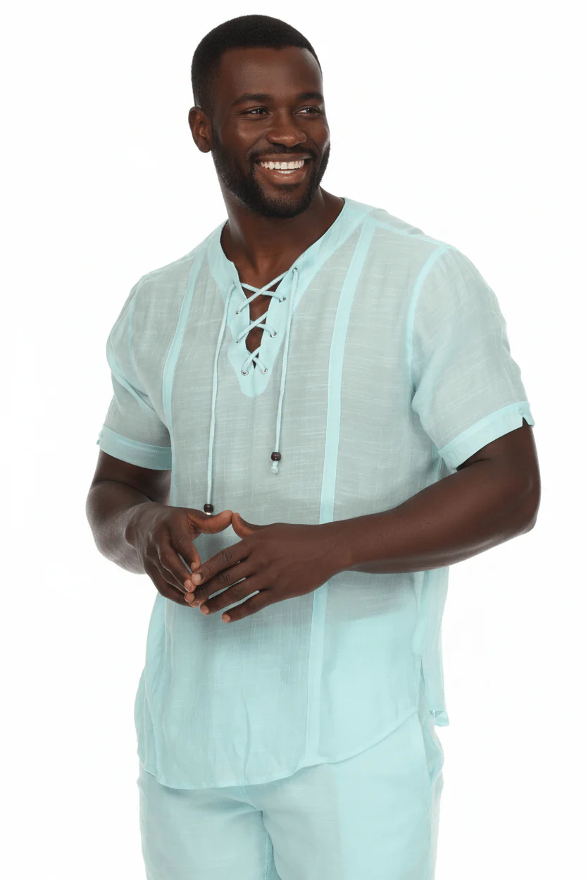 Men's Beachwear Henley Lace Up Shirt Short Sleeve