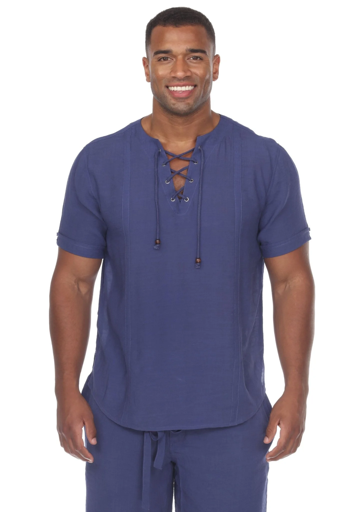 Men's Beachwear Henley Lace Up Shirt Short Sleeve - Image 10