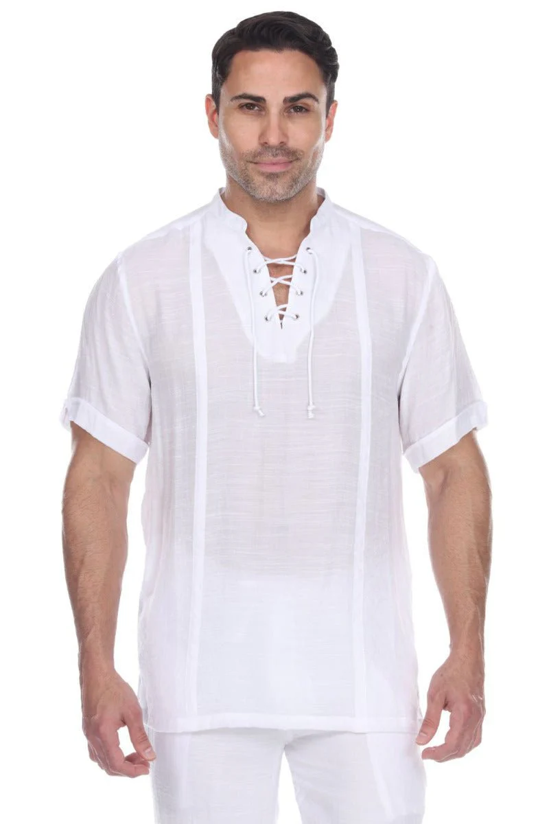 Men's Beachwear Henley Lace Up Shirt Short Sleeve - Image 11