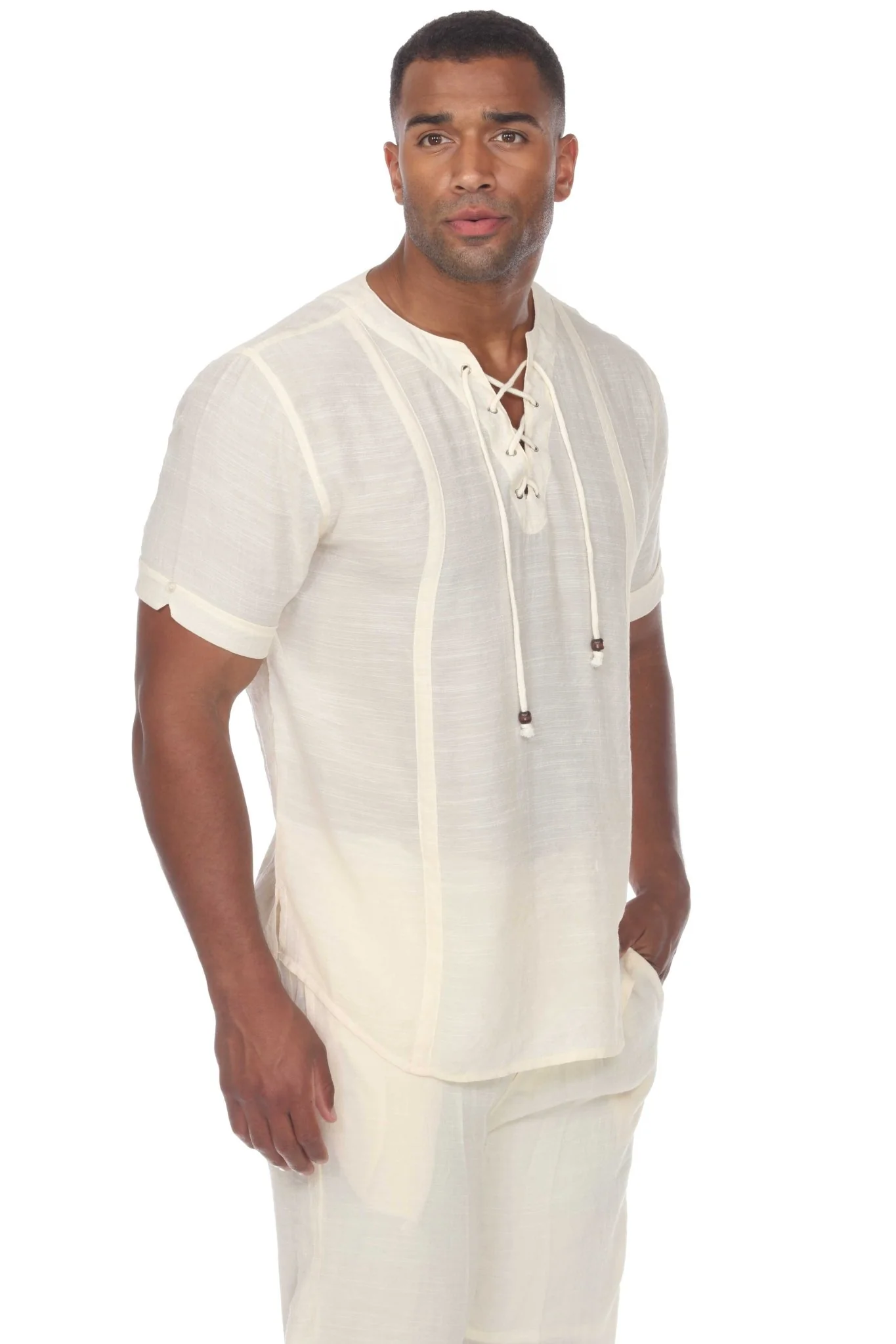 Men's Beachwear Henley Lace Up Shirt Short Sleeve - Image 12