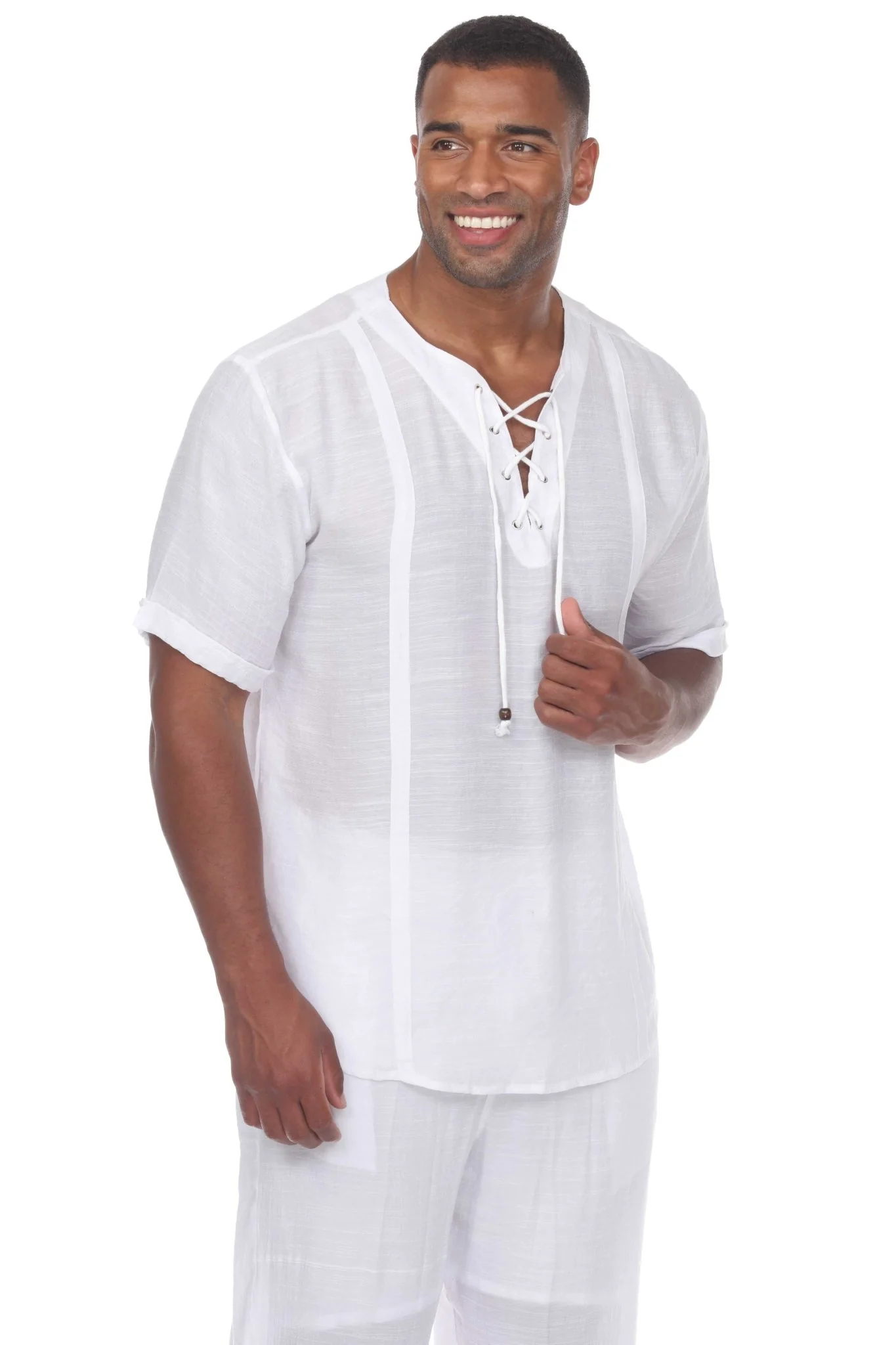 Men's Beachwear Henley Lace Up Shirt Short Sleeve - Image 13