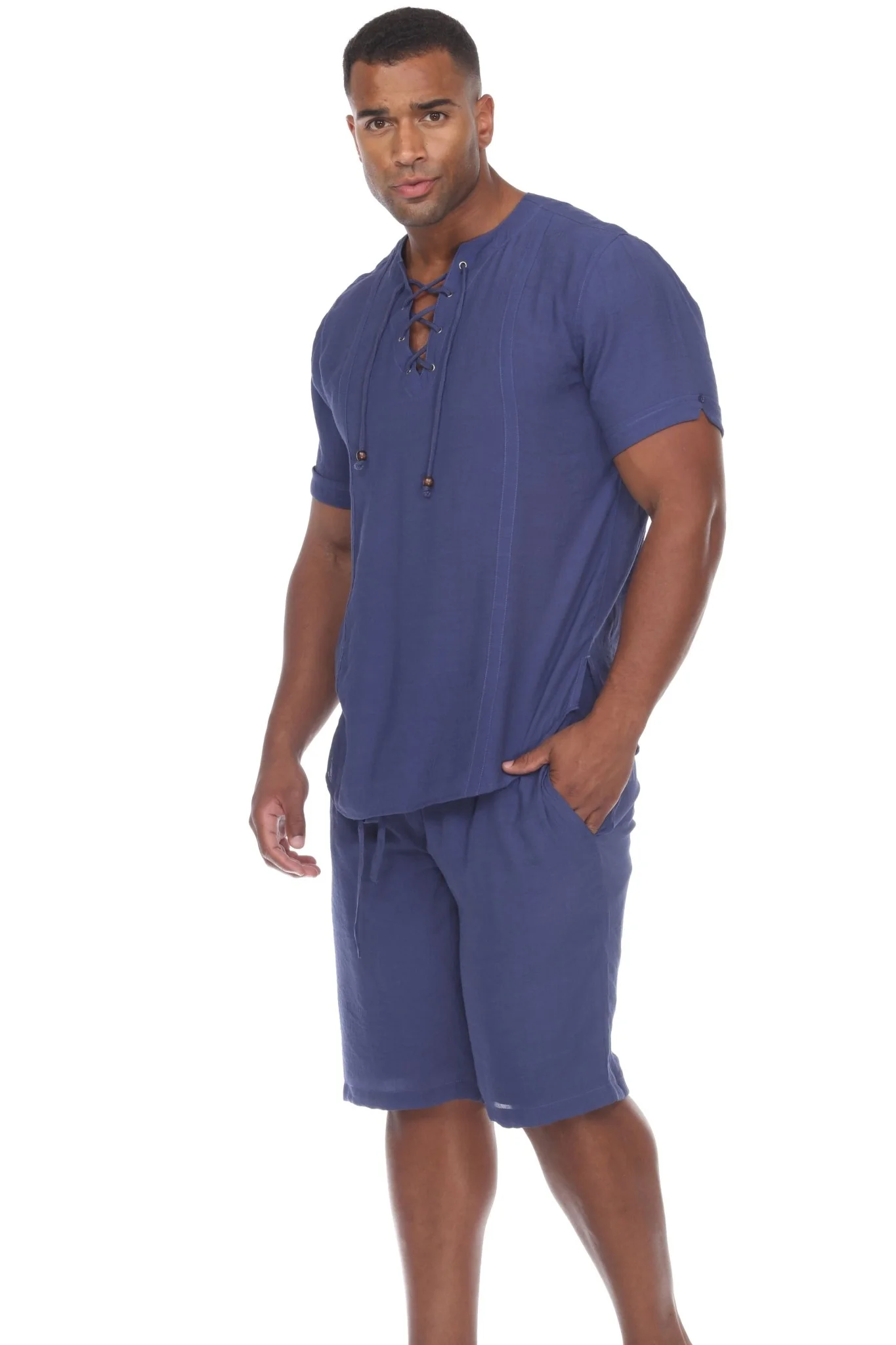 Men's Beachwear Henley Lace Up Shirt Short Sleeve - Image 14