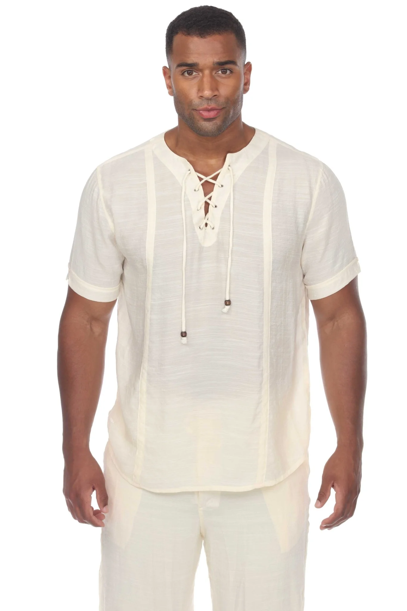 Men's Beachwear Henley Lace Up Shirt Short Sleeve - Image 15