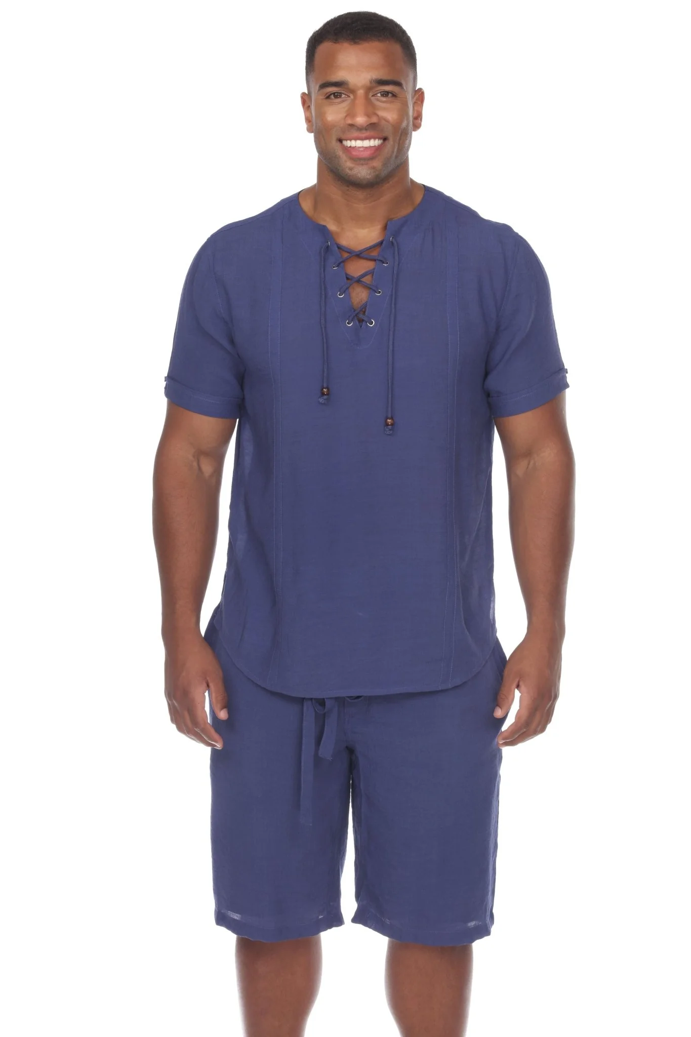 Men's Beachwear Henley Lace Up Shirt Short Sleeve - Image 16