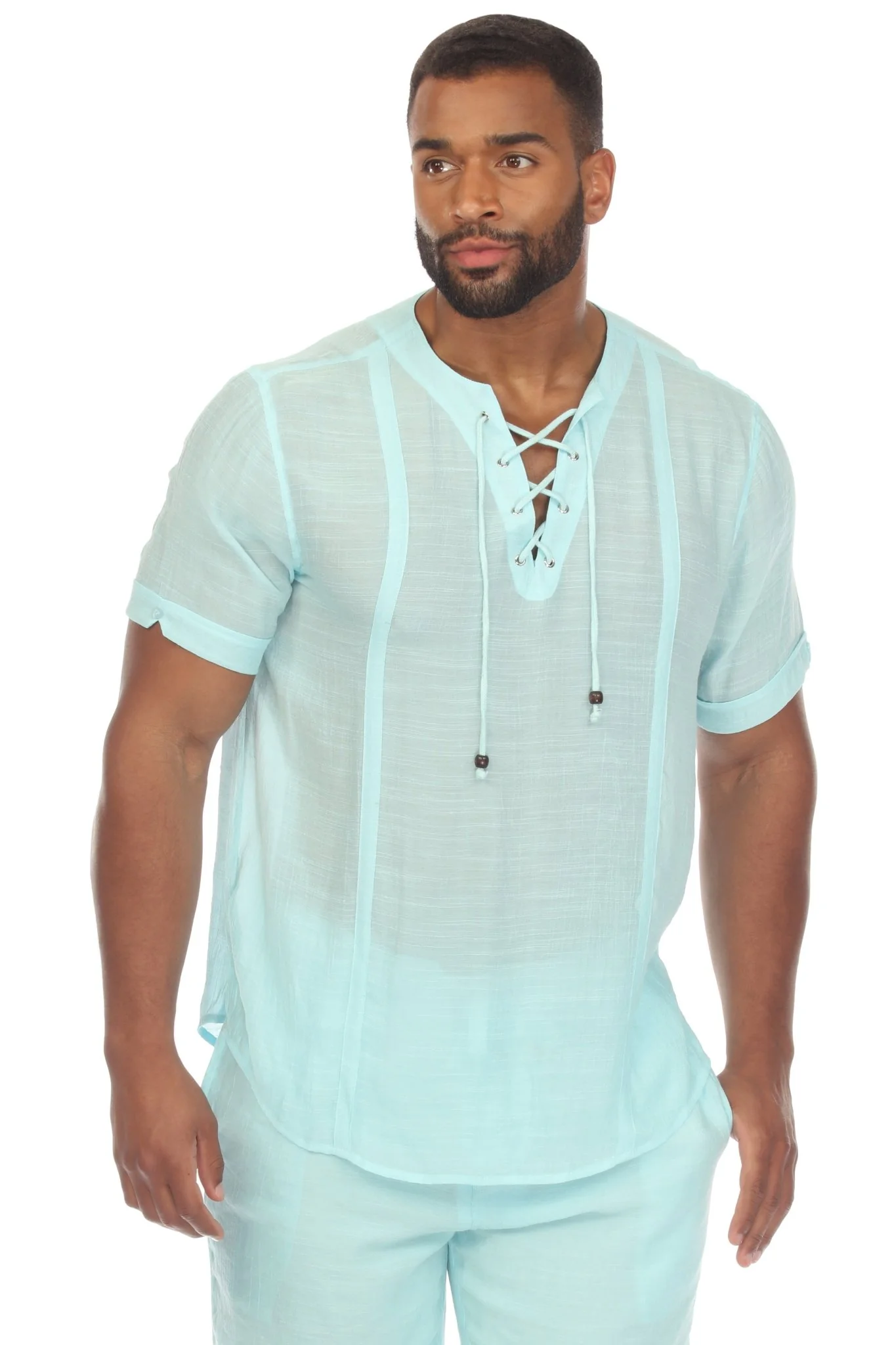 Men's Beachwear Henley Lace Up Shirt Short Sleeve - Image 17