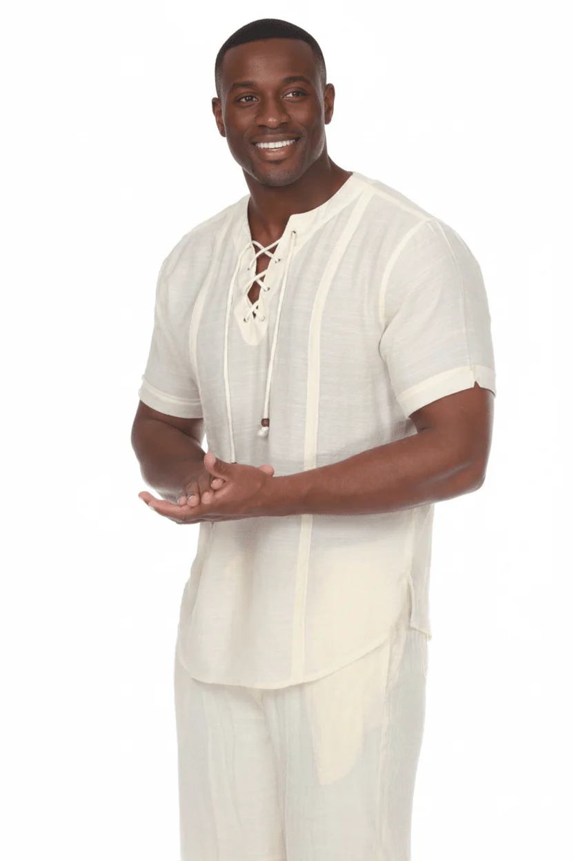 Men's Beachwear Henley Lace Up Shirt Short Sleeve - Image 2