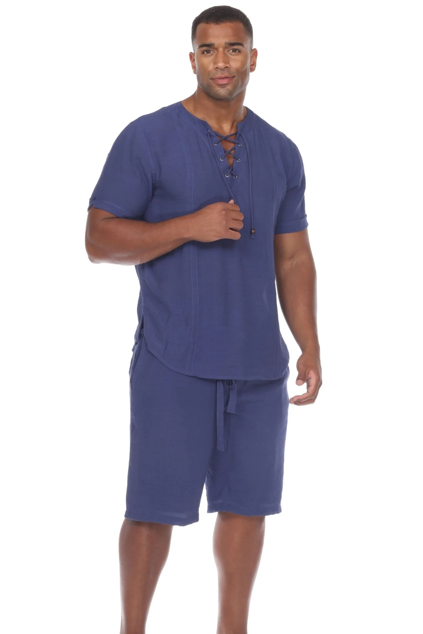 Men's Beachwear Henley Lace Up Shirt Short Sleeve - Image 21