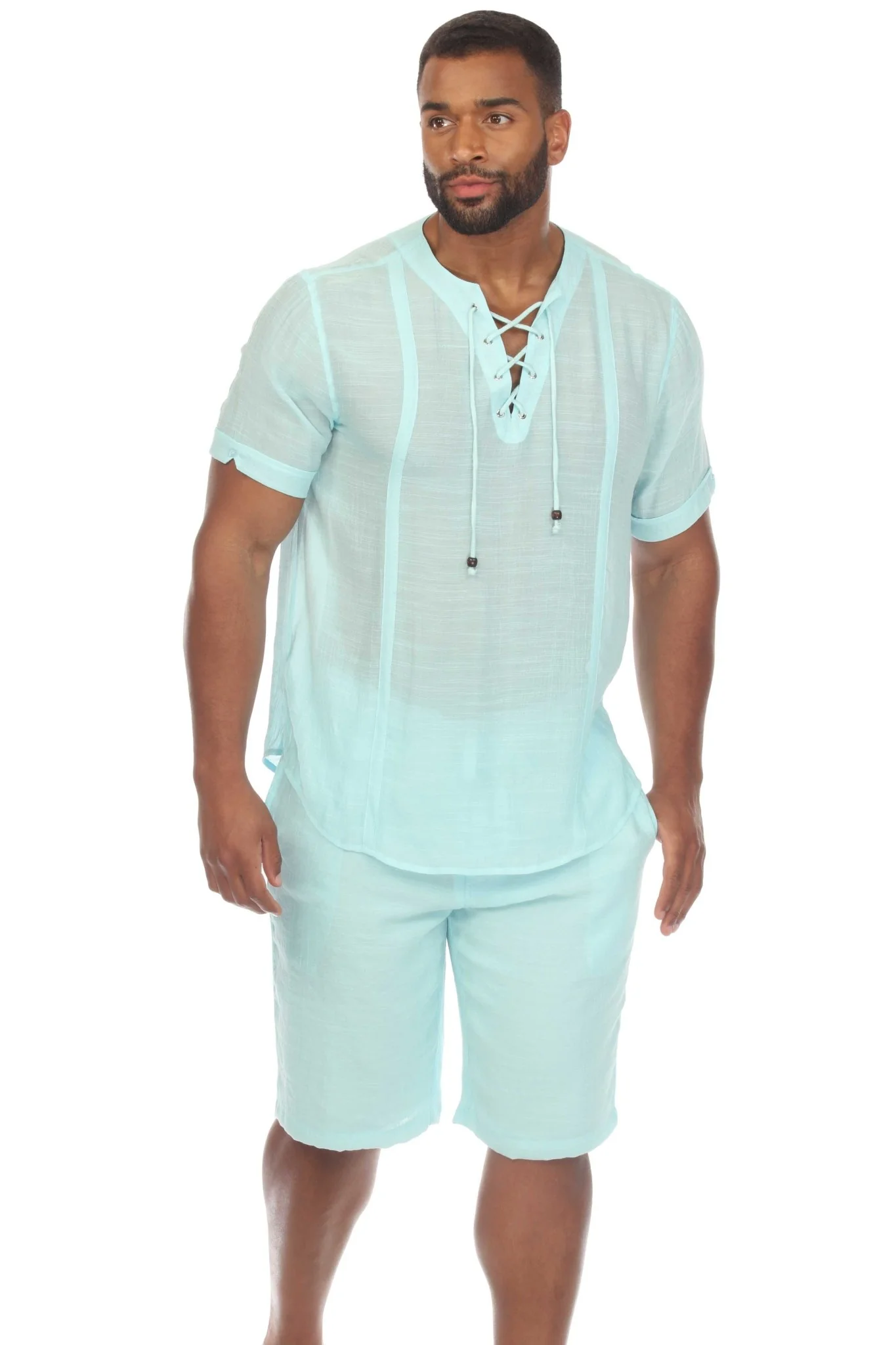 Men's Beachwear Henley Lace Up Shirt Short Sleeve - Image 22