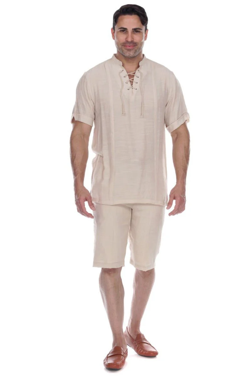 Men's Beachwear Henley Lace Up Shirt Short Sleeve - Image 23