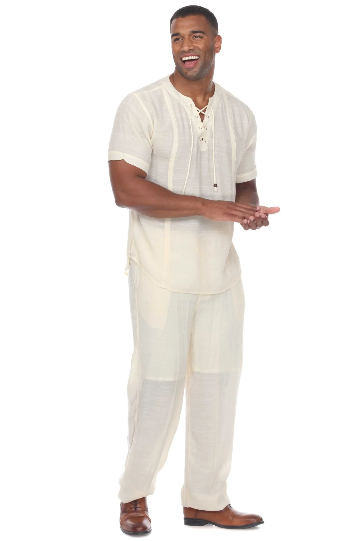 Men's Beachwear Henley Lace Up Shirt Short Sleeve - Image 24