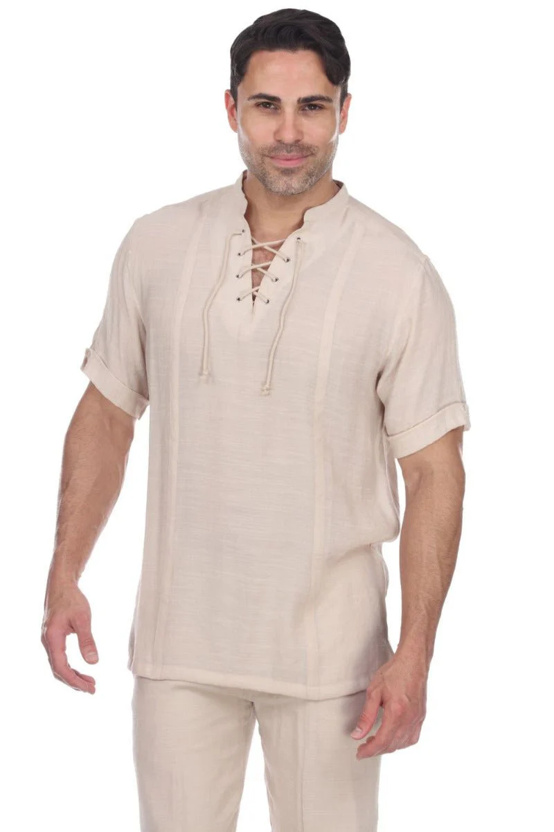 Men's Beachwear Henley Lace Up Shirt Short Sleeve - Image 25