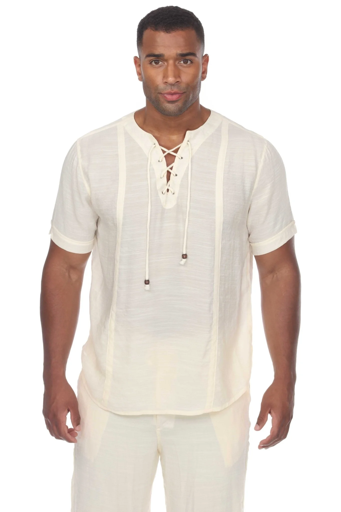 Men's Beachwear Henley Lace Up Shirt Short Sleeve - Image 26