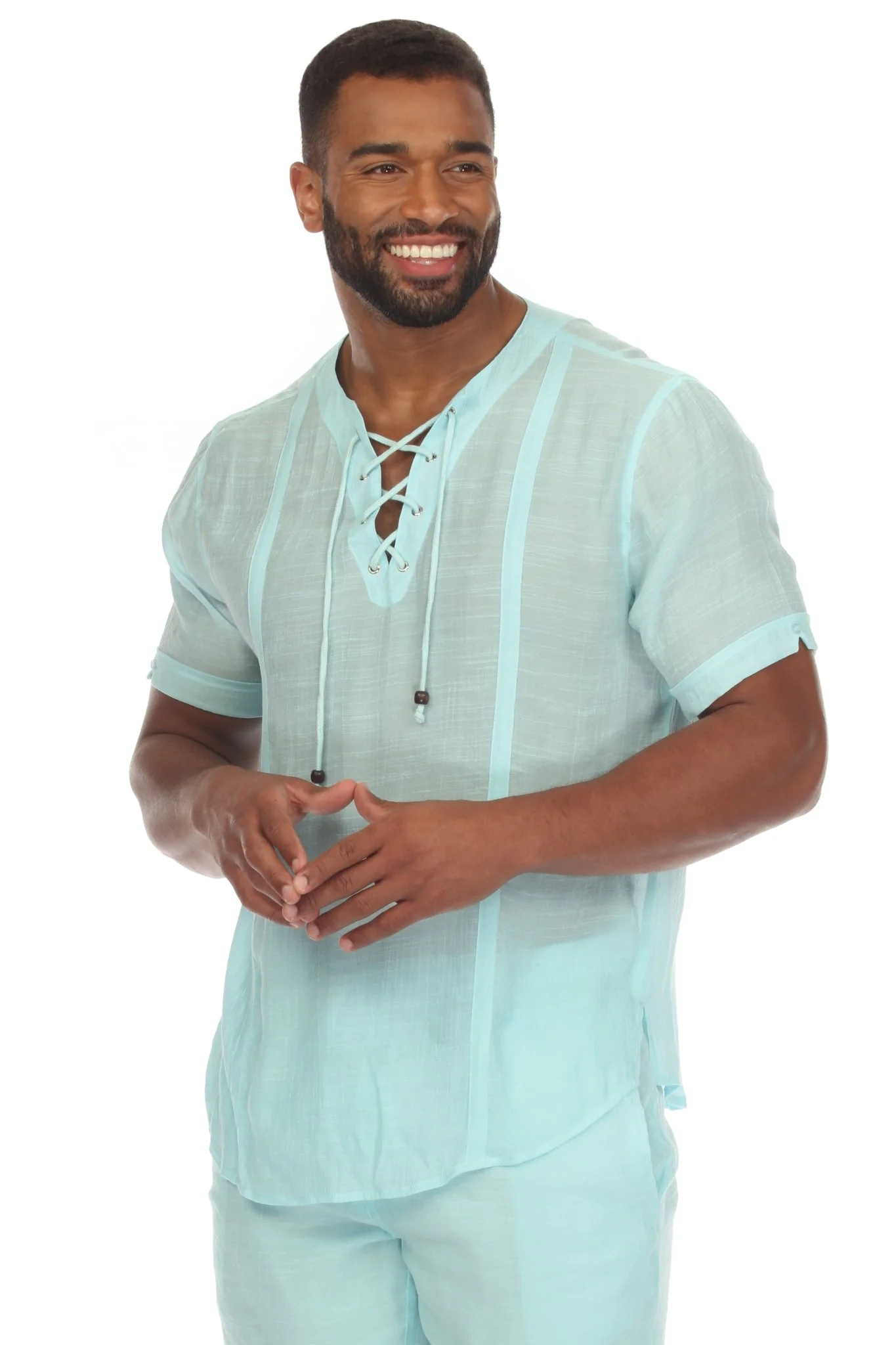 Men's Beachwear Henley Lace Up Shirt Short Sleeve - Image 3