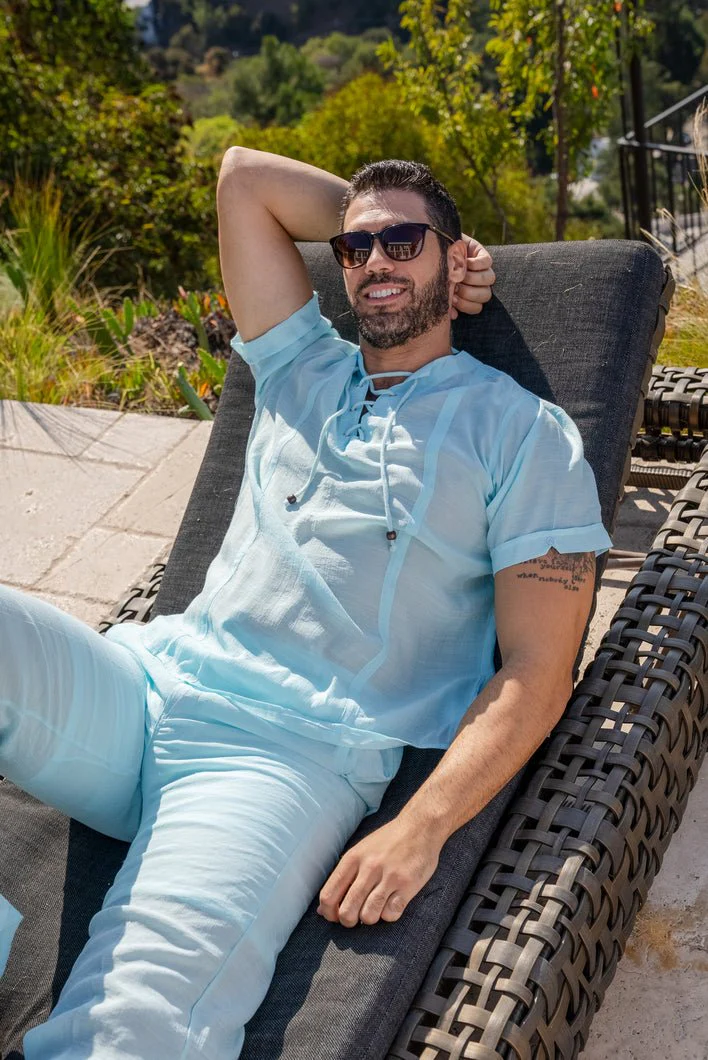 Men's Beachwear Henley Lace Up Shirt Short Sleeve - Image 7