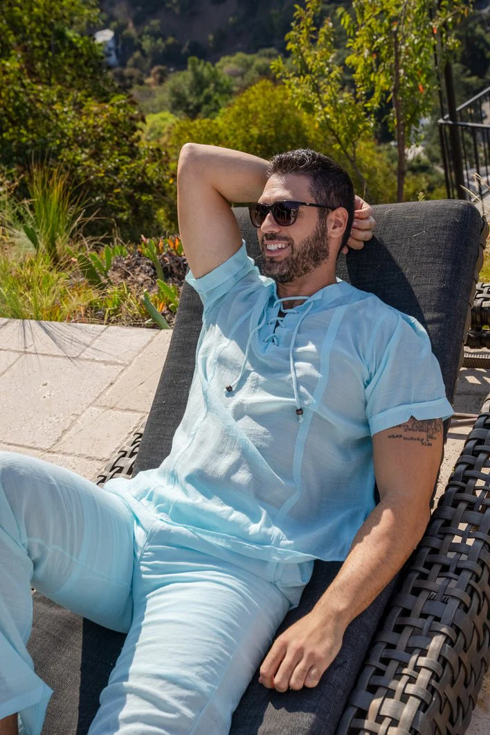 Men's Beachwear Henley Lace Up Shirt Short Sleeve - Image 8