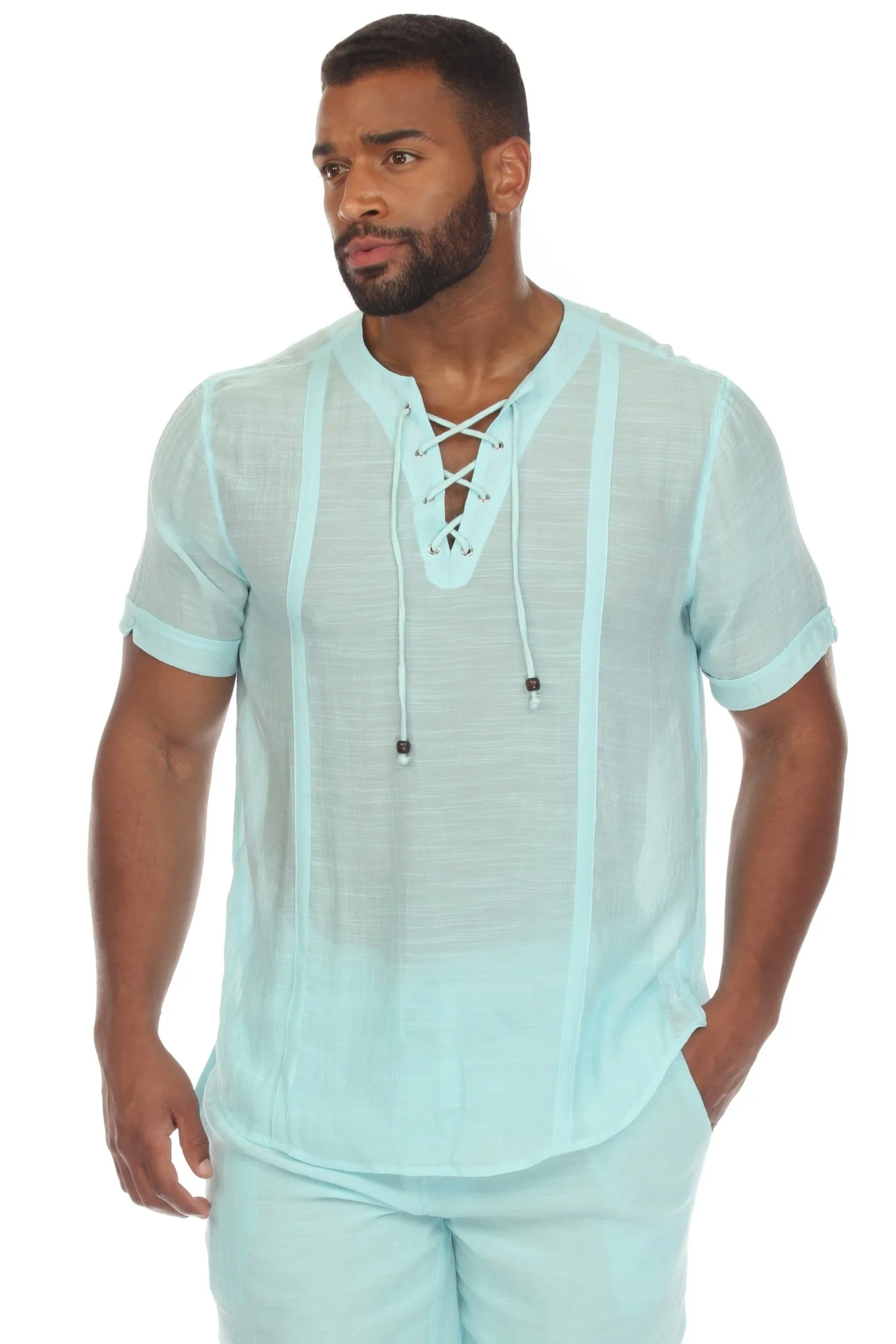 Men's Beachwear Henley Lace Up Shirt Short Sleeve - Image 9