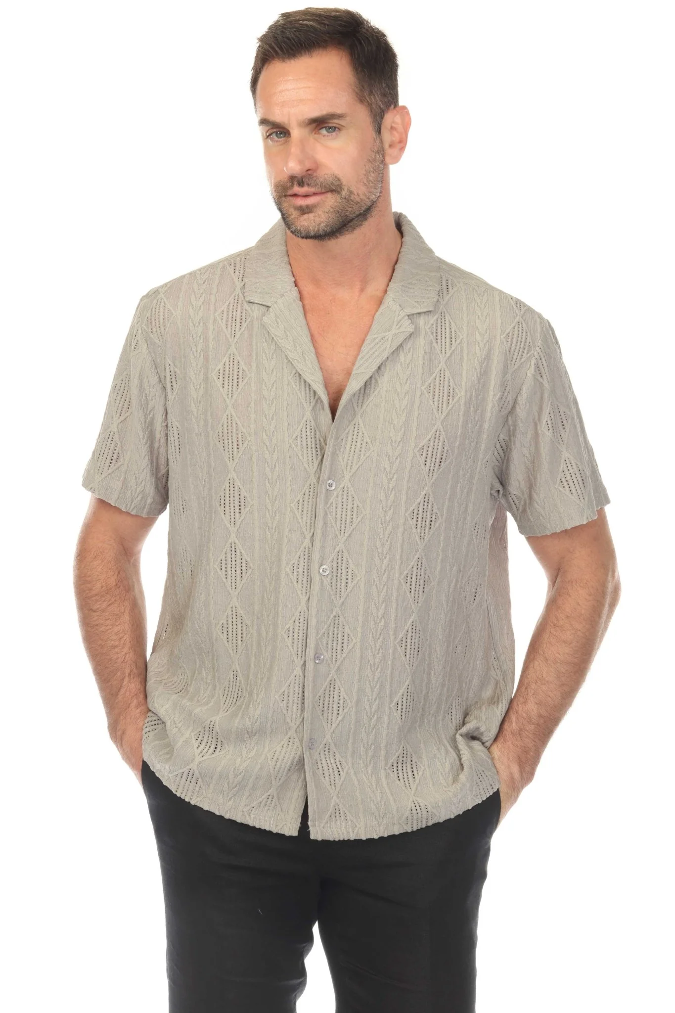 Men's Diamond Textured Button Down Knit Shirt - Image 15