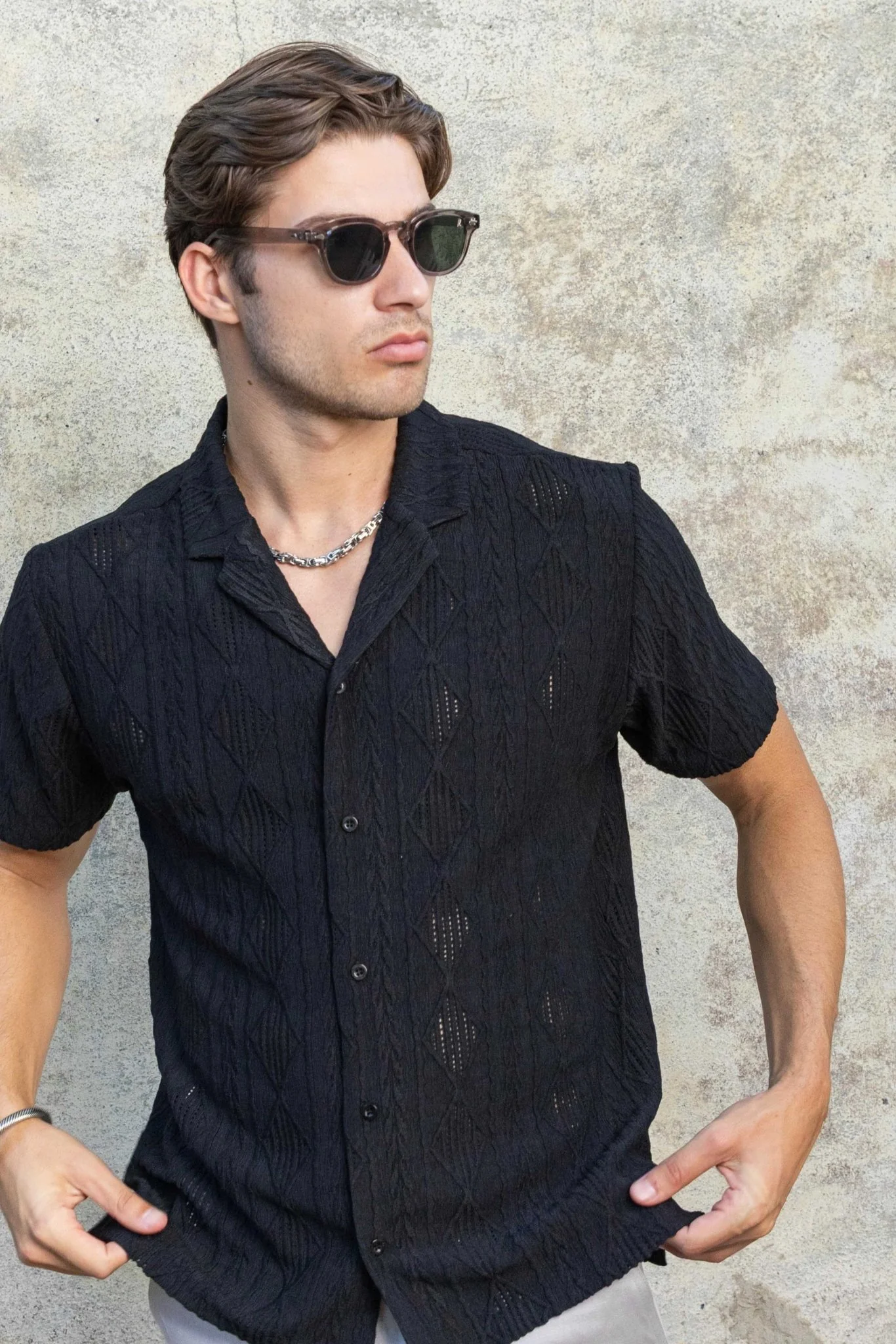 Men's Diamond Textured Button Down Knit Shirt - Image 26