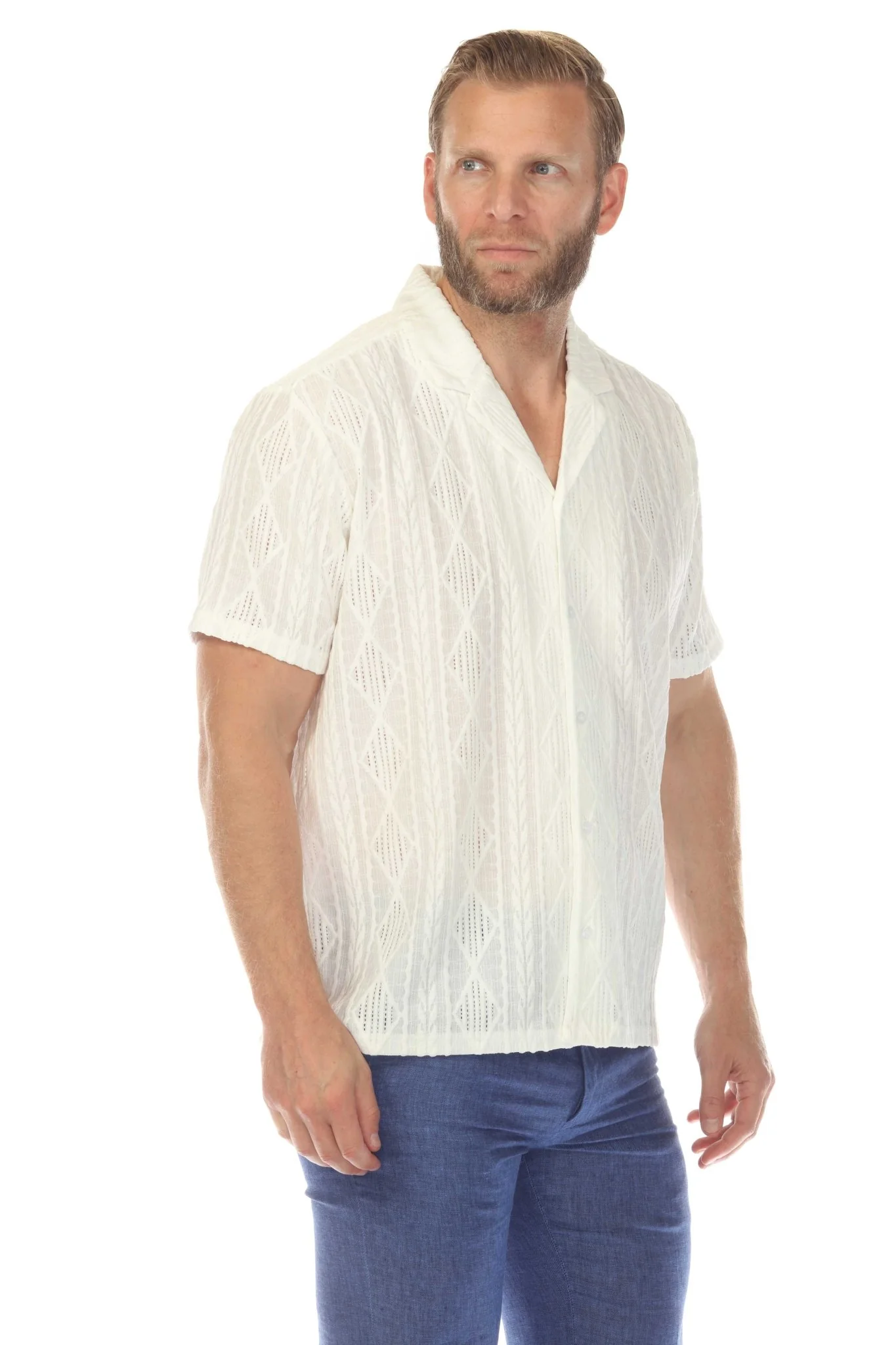 Men's Diamond Textured Button Down Knit Shirt - Image 36