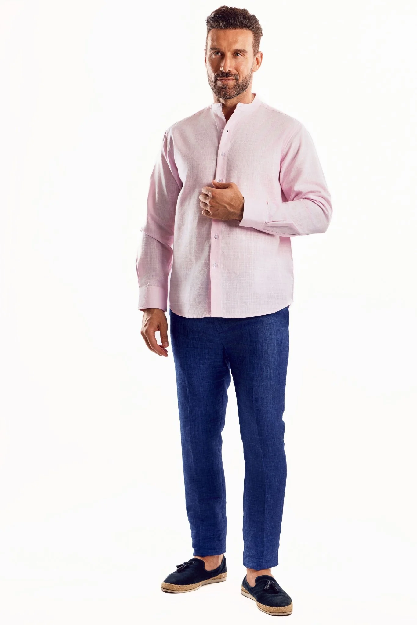 Men's Linen Blend Mandarin Collar Long Sleeve Shirt - Image 15