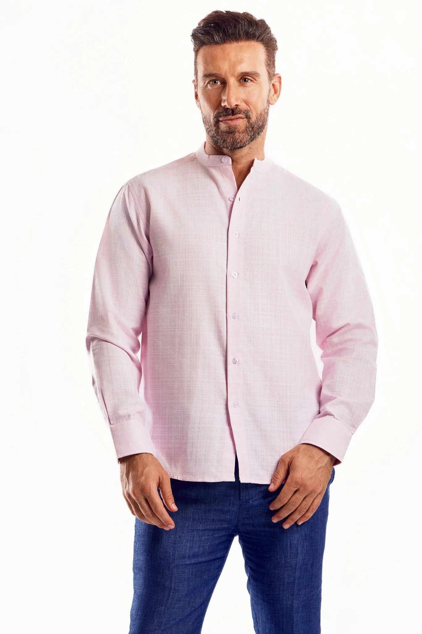 Men's Linen Blend Mandarin Collar Long Sleeve Shirt - Image 16