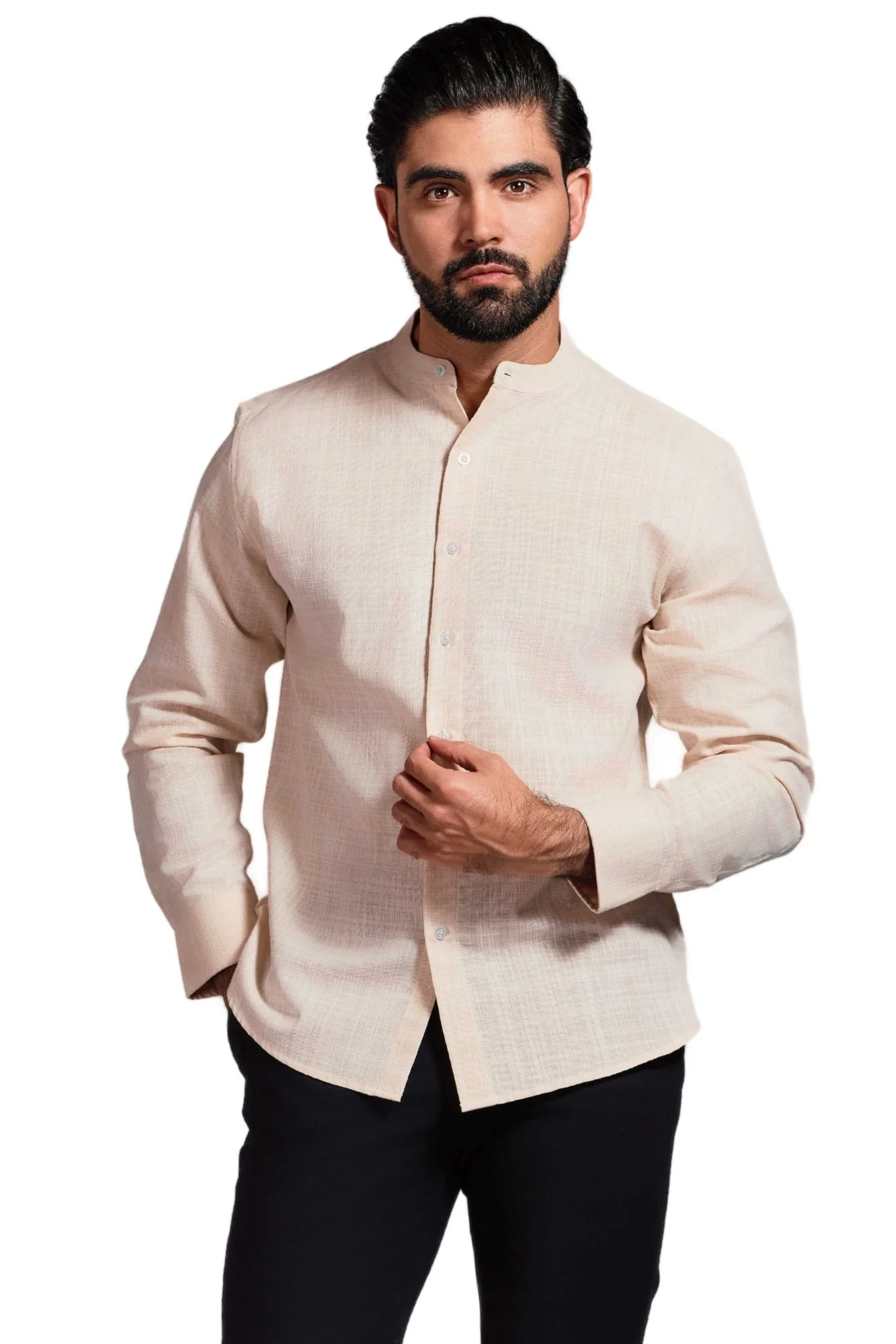 Men's Linen Blend Mandarin Collar Long Sleeve Shirt - Image 17