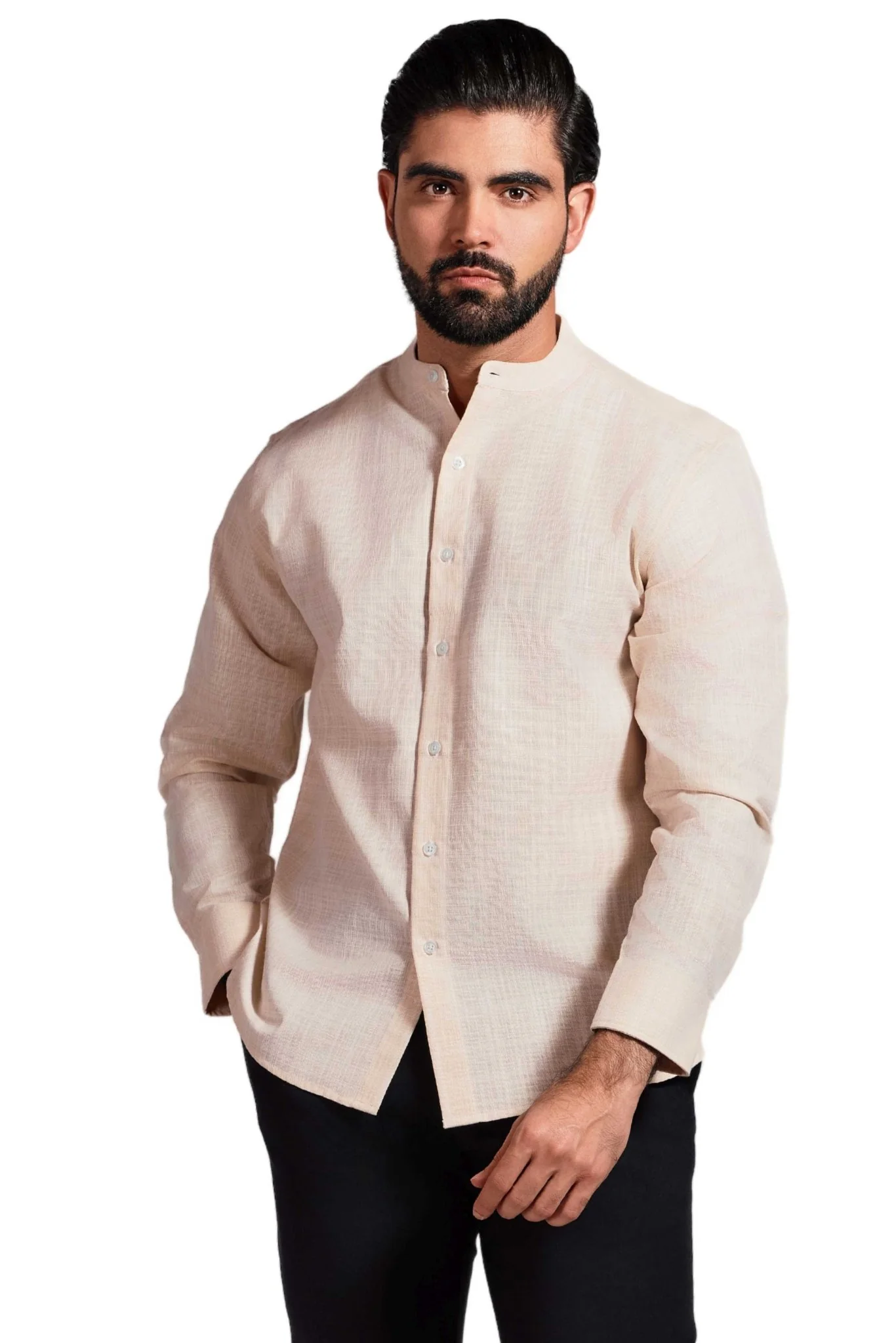 Men's Linen Blend Mandarin Collar Long Sleeve Shirt - Image 18