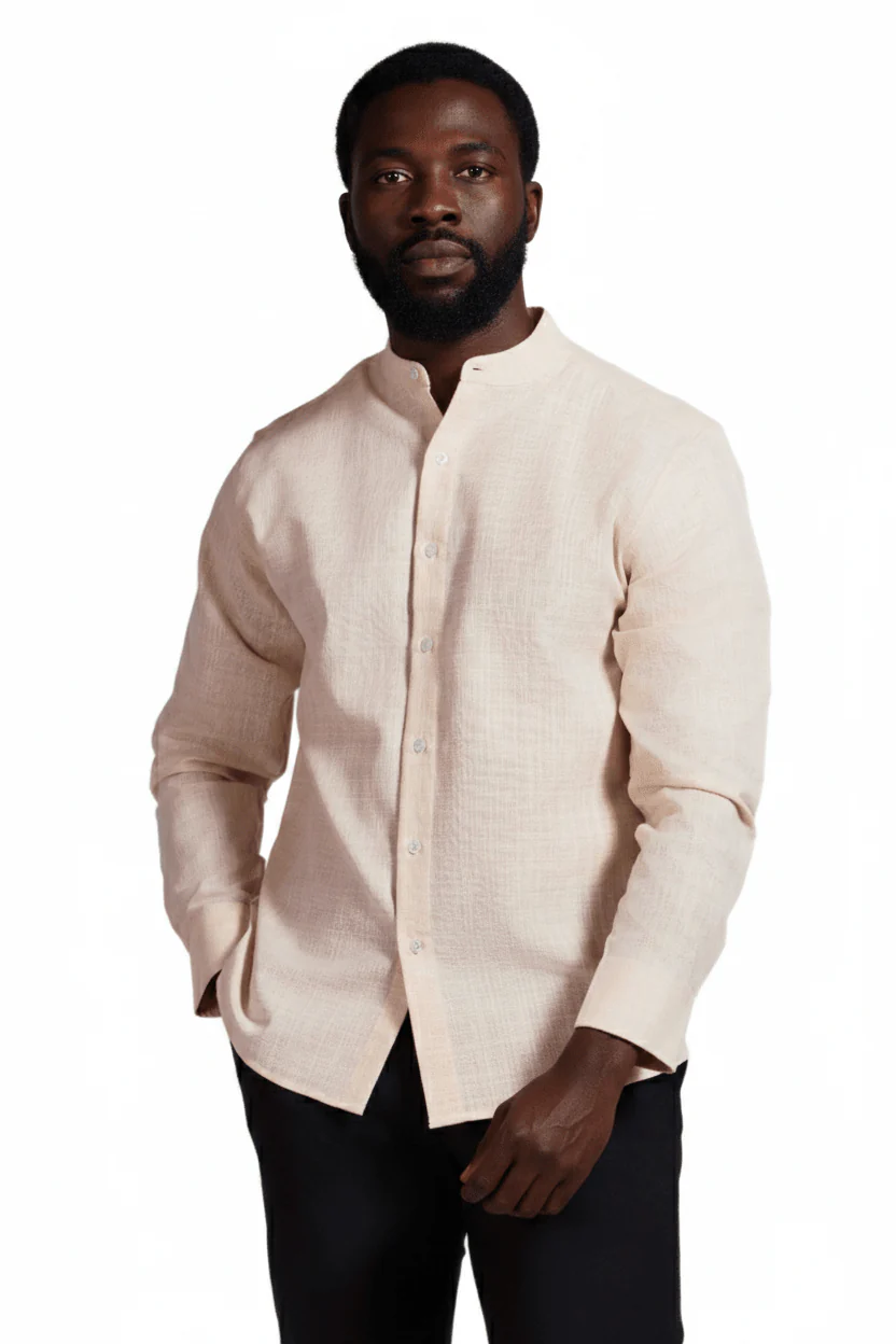 Men's Linen Blend Mandarin Collar Long Sleeve Shirt - Image 2