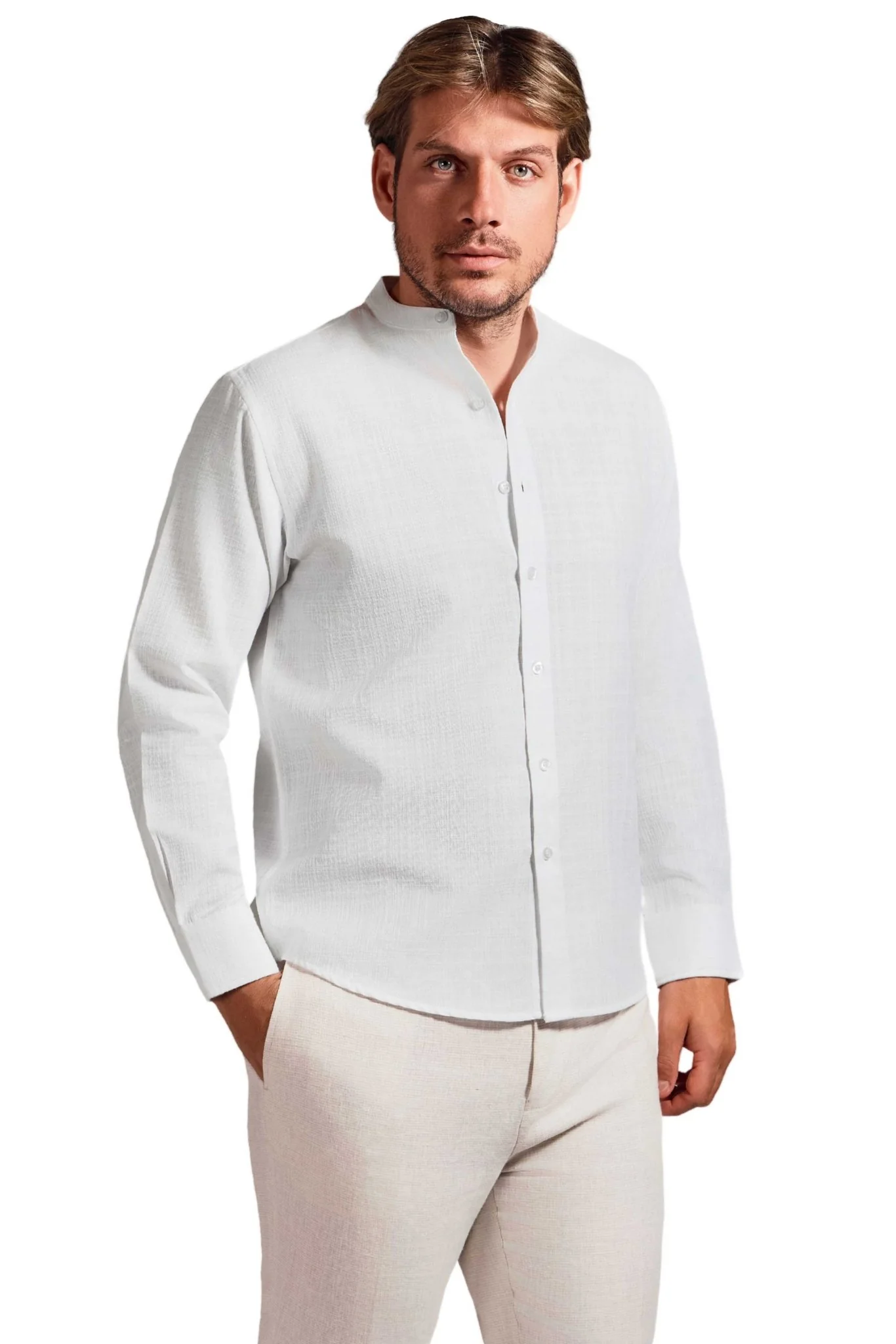 Men's Linen Blend Mandarin Collar Long Sleeve Shirt - Image 23