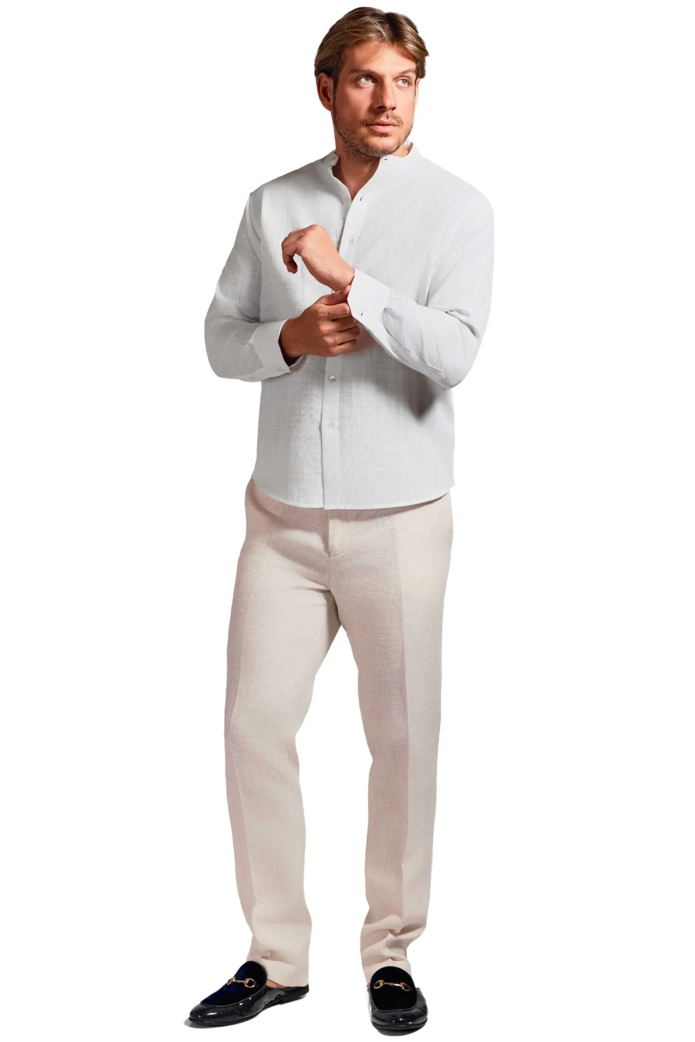 Men's Linen Blend Mandarin Collar Long Sleeve Shirt - Image 25