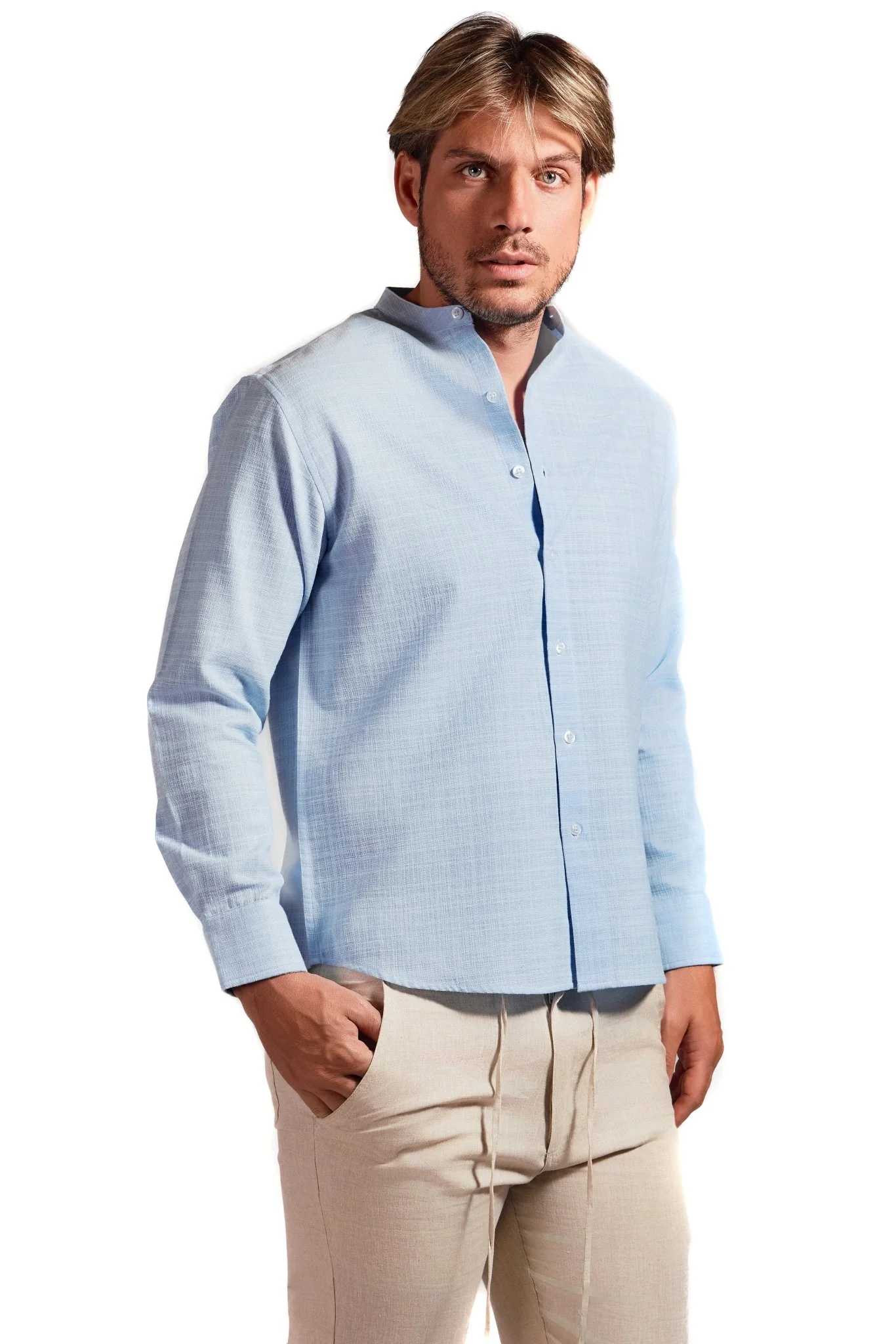 Men's Linen Blend Mandarin Collar Long Sleeve Shirt - Image 4