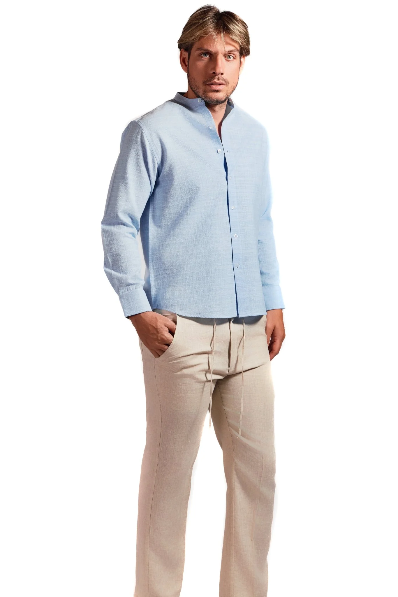 Men's Linen Blend Mandarin Collar Long Sleeve Shirt - Image 7