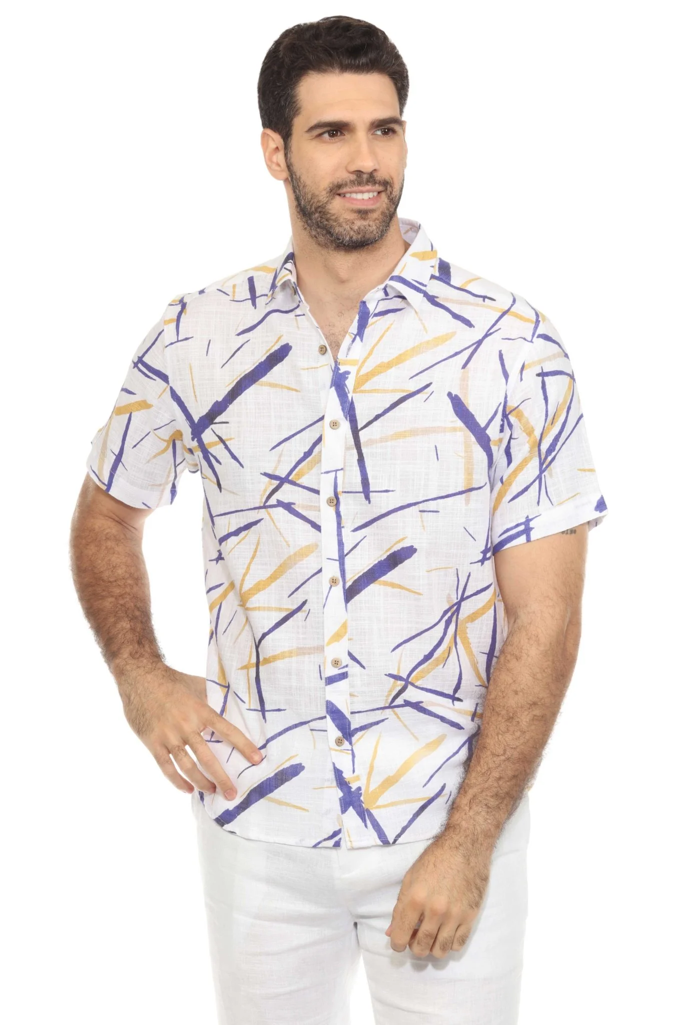 Men's Resort Style Casual Linen Blend Colorful Print Shirt - Image 10