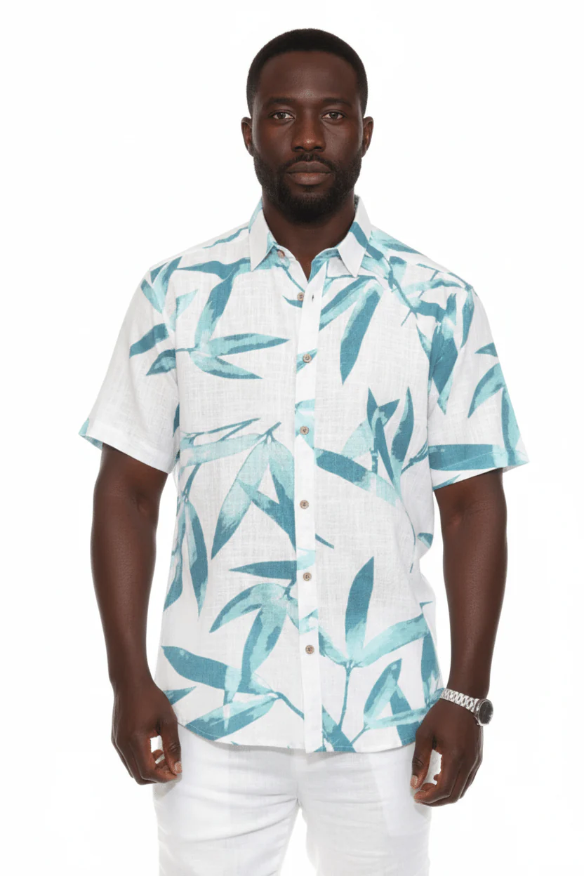 Men's Resort Style Casual Linen Blend Colorful Tropical Leaf Print Shirt