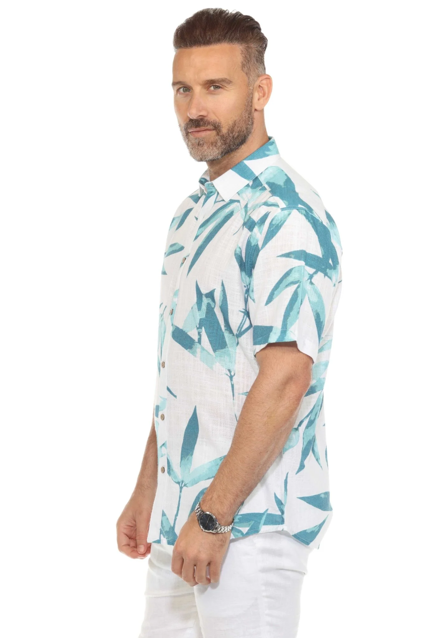 Men's Resort Style Casual Linen Blend Colorful Tropical Leaf Print Shirt - Image 10