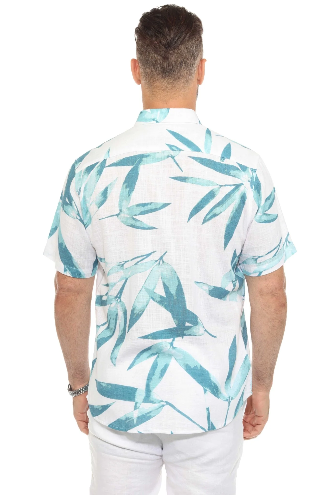 Men's Resort Style Casual Linen Blend Colorful Tropical Leaf Print Shirt - Image 12