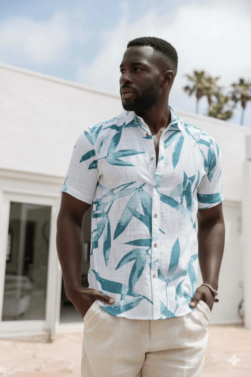 Men's Resort Style Casual Linen Blend Colorful Tropical Leaf Print Shirt - Image 2