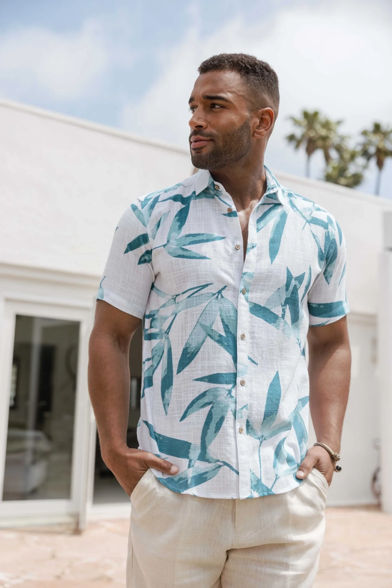 Men's Resort Style Casual Linen Blend Colorful Tropical Leaf Print Shirt - Image 3