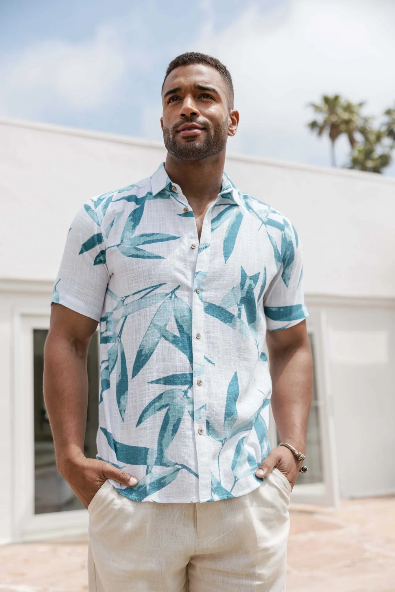 Men's Resort Style Casual Linen Blend Colorful Tropical Leaf Print Shirt - Image 6