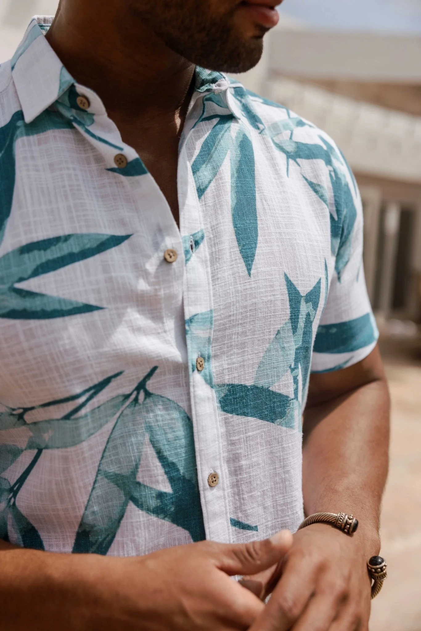 Men's Resort Style Casual Linen Blend Colorful Tropical Leaf Print Shirt - Image 7