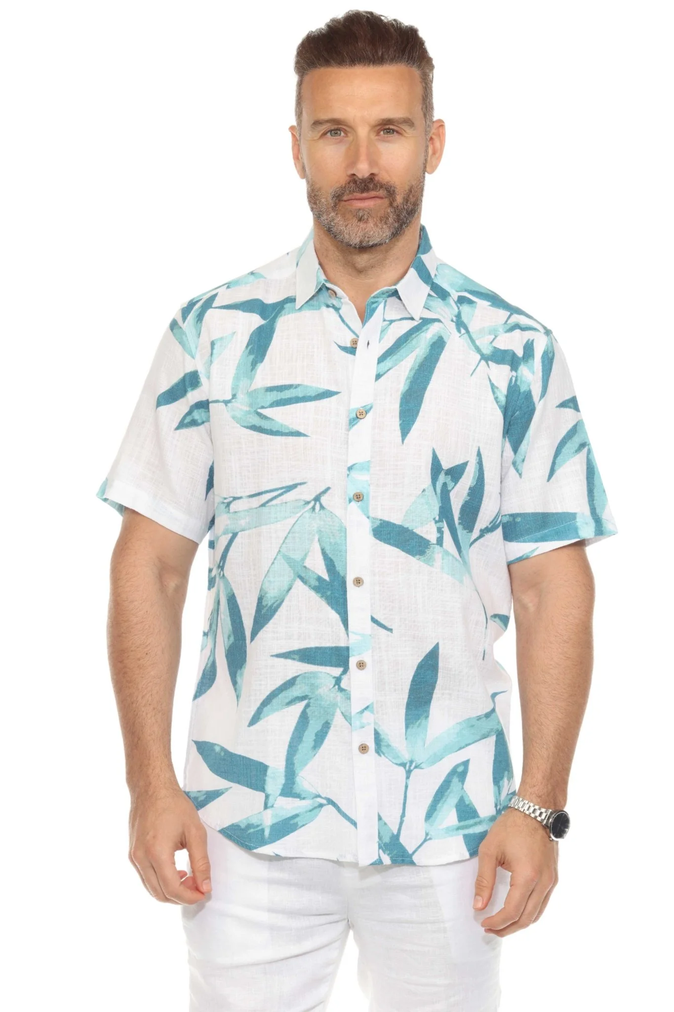 Men's Resort Style Casual Linen Blend Colorful Tropical Leaf Print Shirt - Image 8