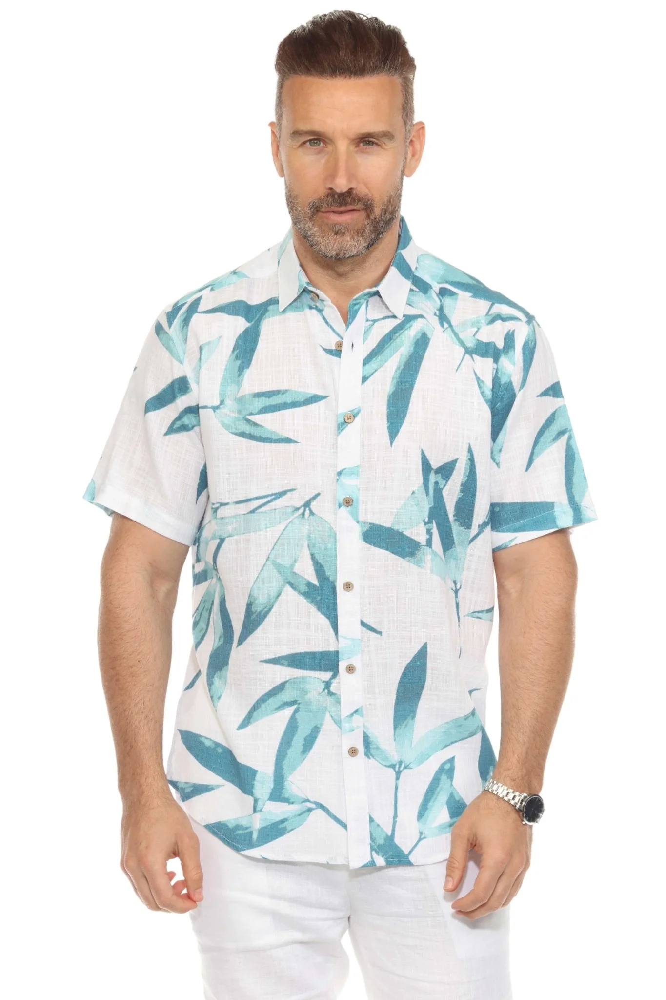 Men's Resort Style Casual Linen Blend Colorful Tropical Leaf Print Shirt - Image 9